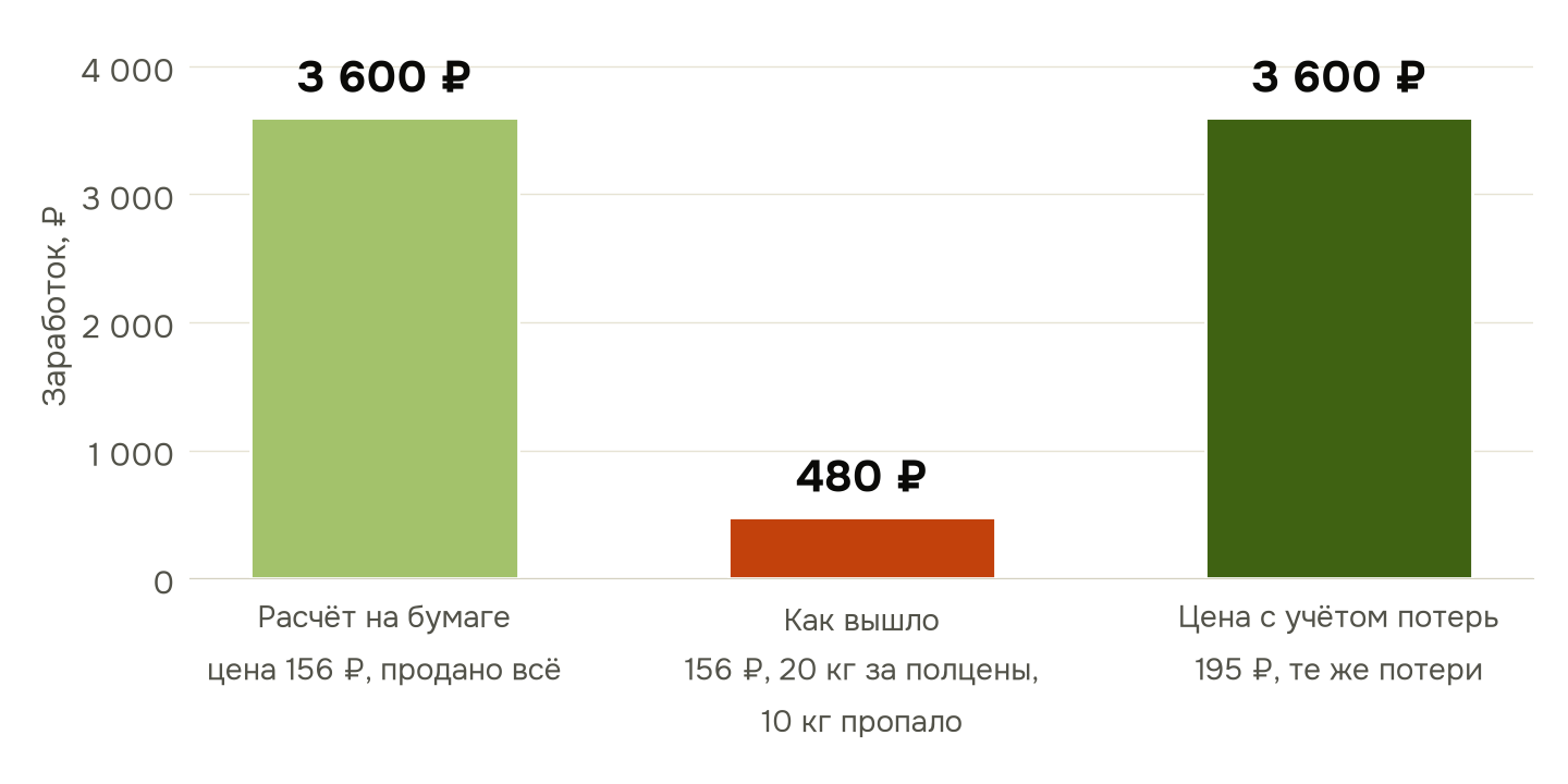 100 кг помидоров по 120 ₽: при цене 156 ₽ уценка и потери оставляют 480 ₽ вместо 3 600 ₽, цена 195 ₽ с учётом потерь возвращает 3 600 ₽