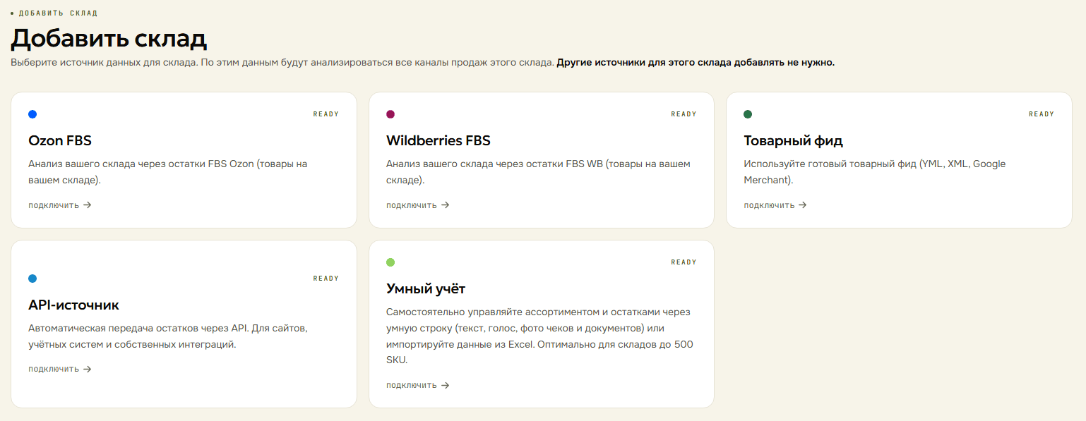 Выбор источника данных: Ozon FBS, Wildberries FBS, товарный фид, API-источник или умный учёт